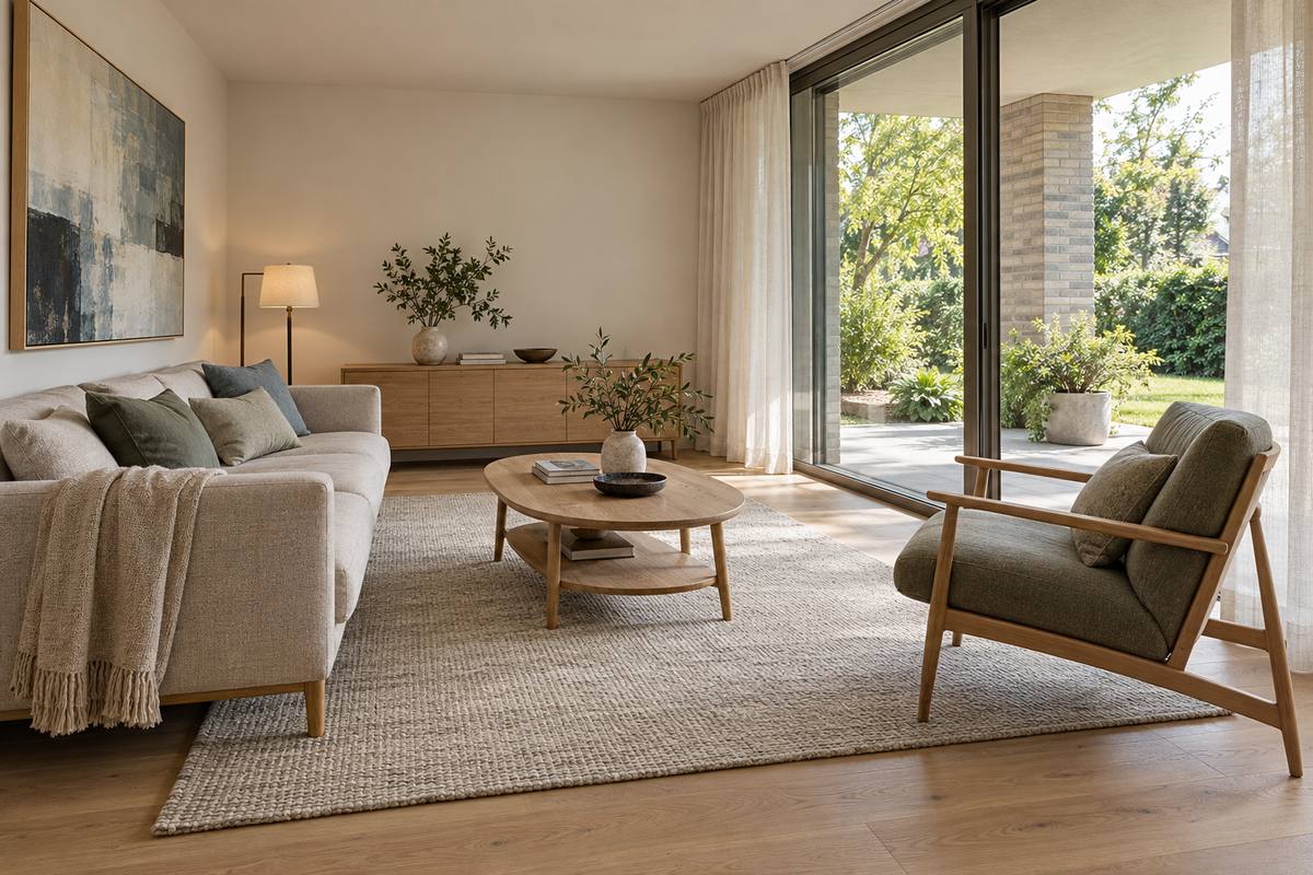 Visualisierung Wohnraum: Sofa und Sessel in Naturtönen, Schiebetür zum Gartensitzplatz